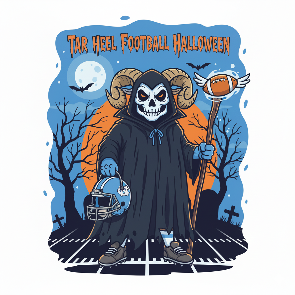 Tar Heel mascot Rameses dressed as the Grim Reaper for Halloween, holding a staff topped with a glowing football instead of a traditional scythe