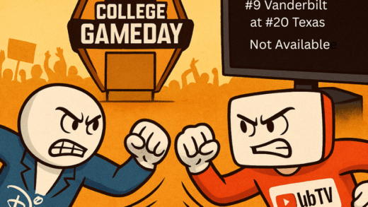 Editorial illustration of Disney and YouTube TV fighting while ESPN College GameDay plays in the background and a TV screen is blacked out, symbolizing frustrated fans.