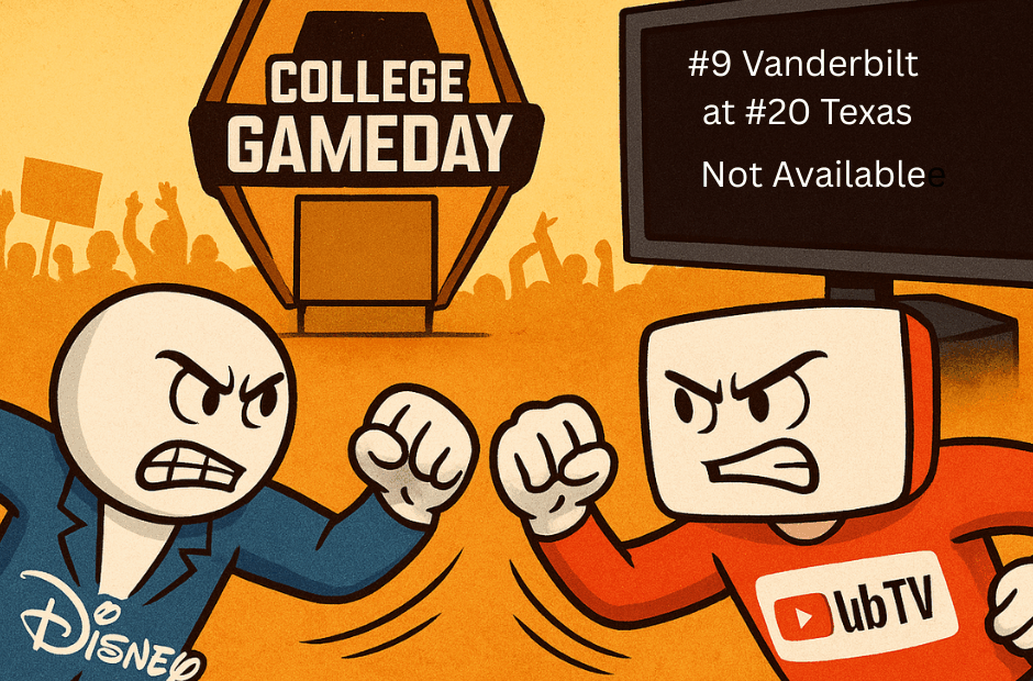 Editorial illustration of Disney and YouTube TV fighting while ESPN College GameDay plays in the background and a TV screen is blacked out, symbolizing frustrated fans.